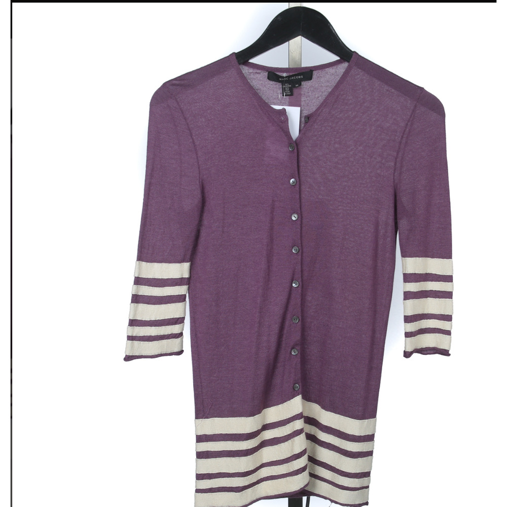 Marc Jacobs Grape Purple Cashmere Silk Blend Banded Arm Cardigan Size Medium